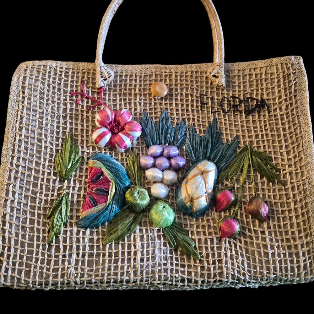 Beige Woven Shoulder Bag with Multicolor Floral Embroidery